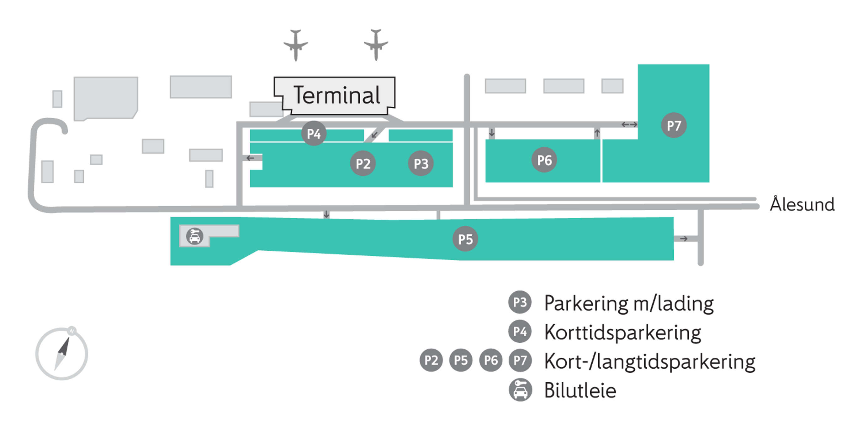 Tegnet kart over parkeringsområdene på Ålesund lufthavn med detaljer om hvor det er lurt å parkere.