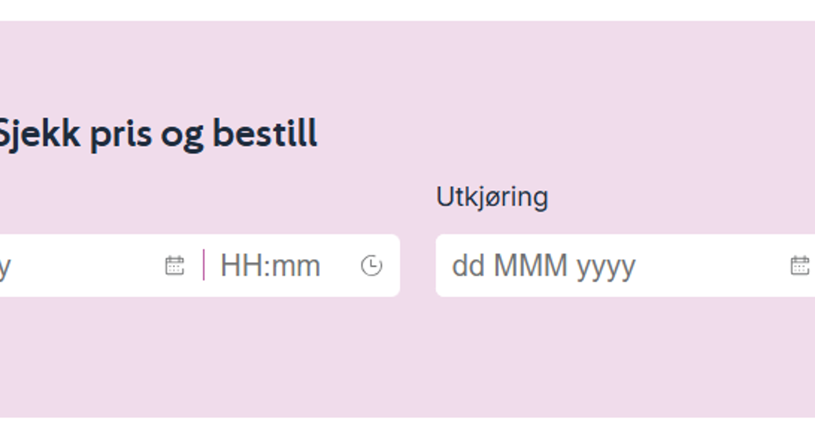 Parkeringsreservasjonsskjema med datovelger og tidsvelger for inn- og utkjøring, og en 