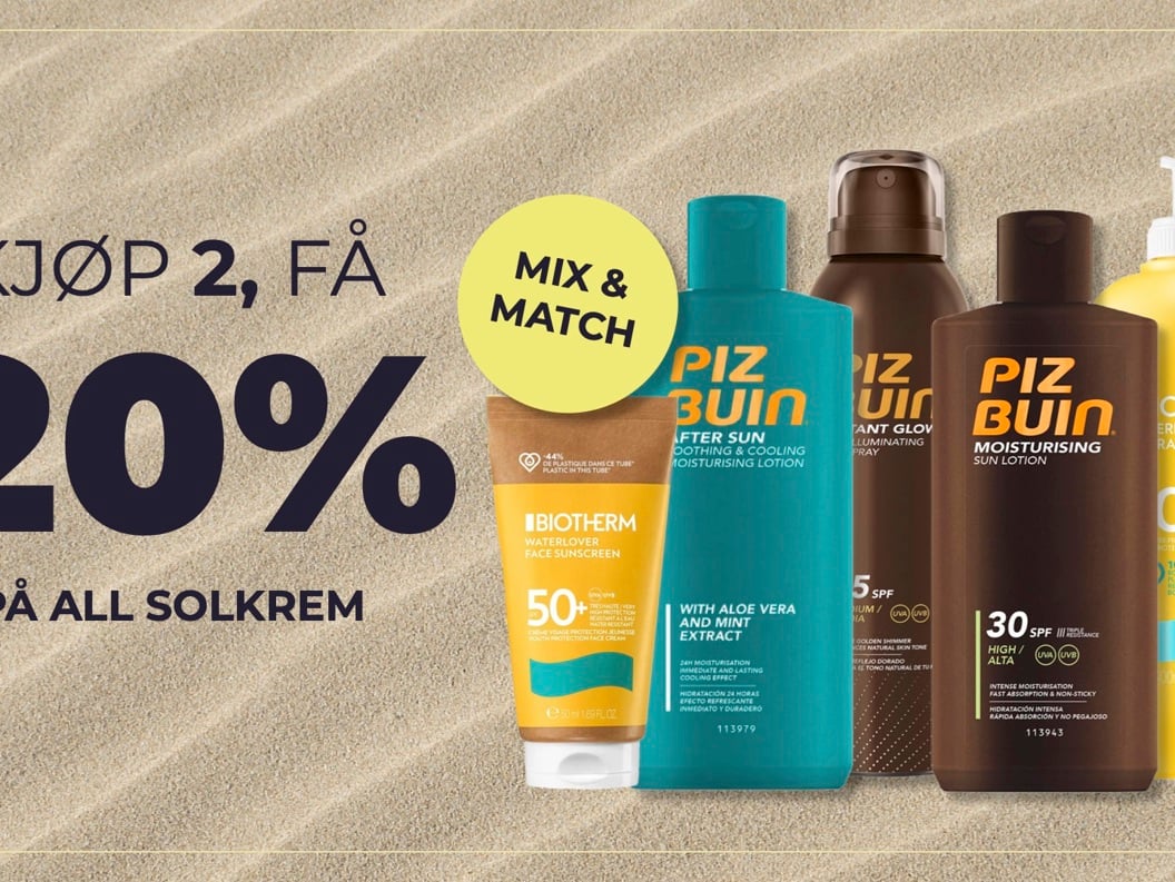 Bilde av solkremer med teksten kjøp 2 få 20% 