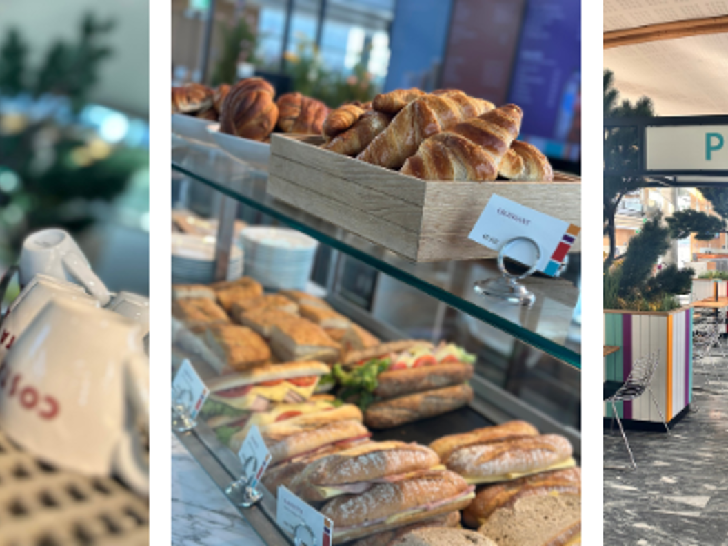 Restaurant PiQniQ med fargerike stolar, kaffebønner, ferske bakervarer og grønne planter