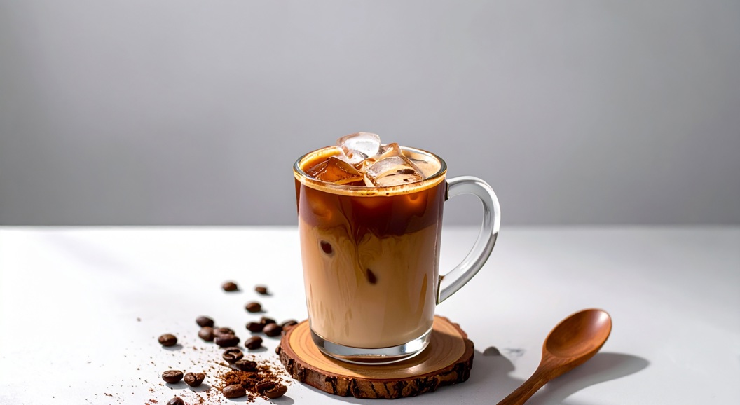 Iskaffe med et lag melk i et glasskrus på en trebordskåner, omgitt av kaffebønner og pulver, med en treskje på en hvit overflate