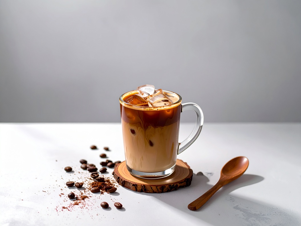 Iskaffe med et lag melk i et glasskrus på en trebordskåner, omgitt av kaffebønner og pulver, med en treskje på en hvit overflate