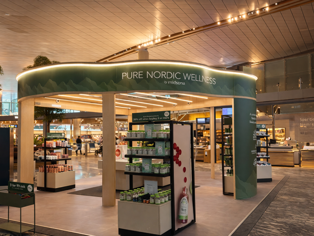 Front façade image of the Midsona pop-up with products displayed in the foreground.