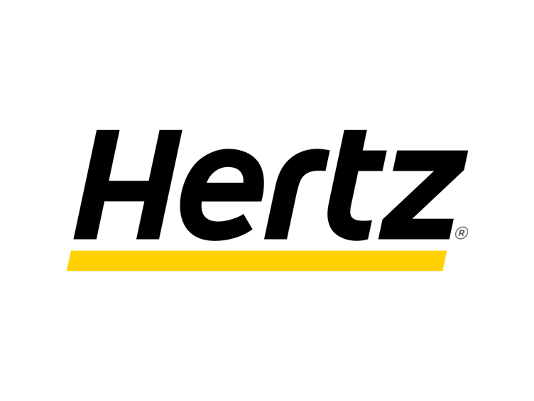 Hertz-logo med fet svart tekst og en gul understrek på en hvit bakgrunn