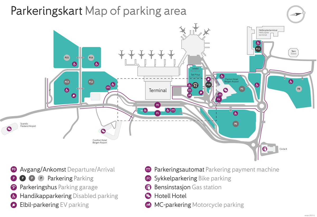 Tegnet kart over parkeringsområda på Bergen lufthamn Flesland