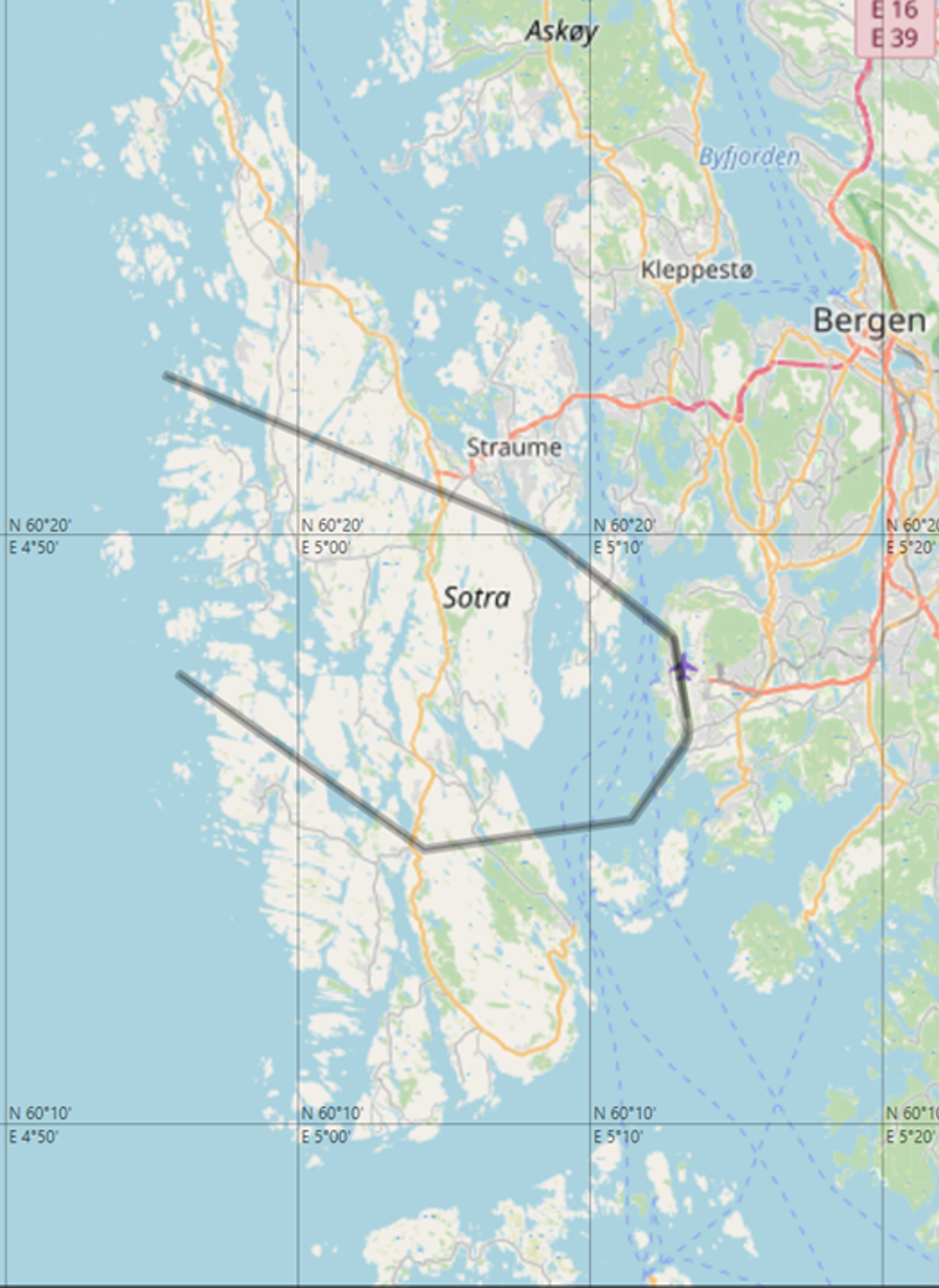 Kart som fremhever området Sotra nær Bergen, Norge, som viser geografiske detaljer og forbindelser