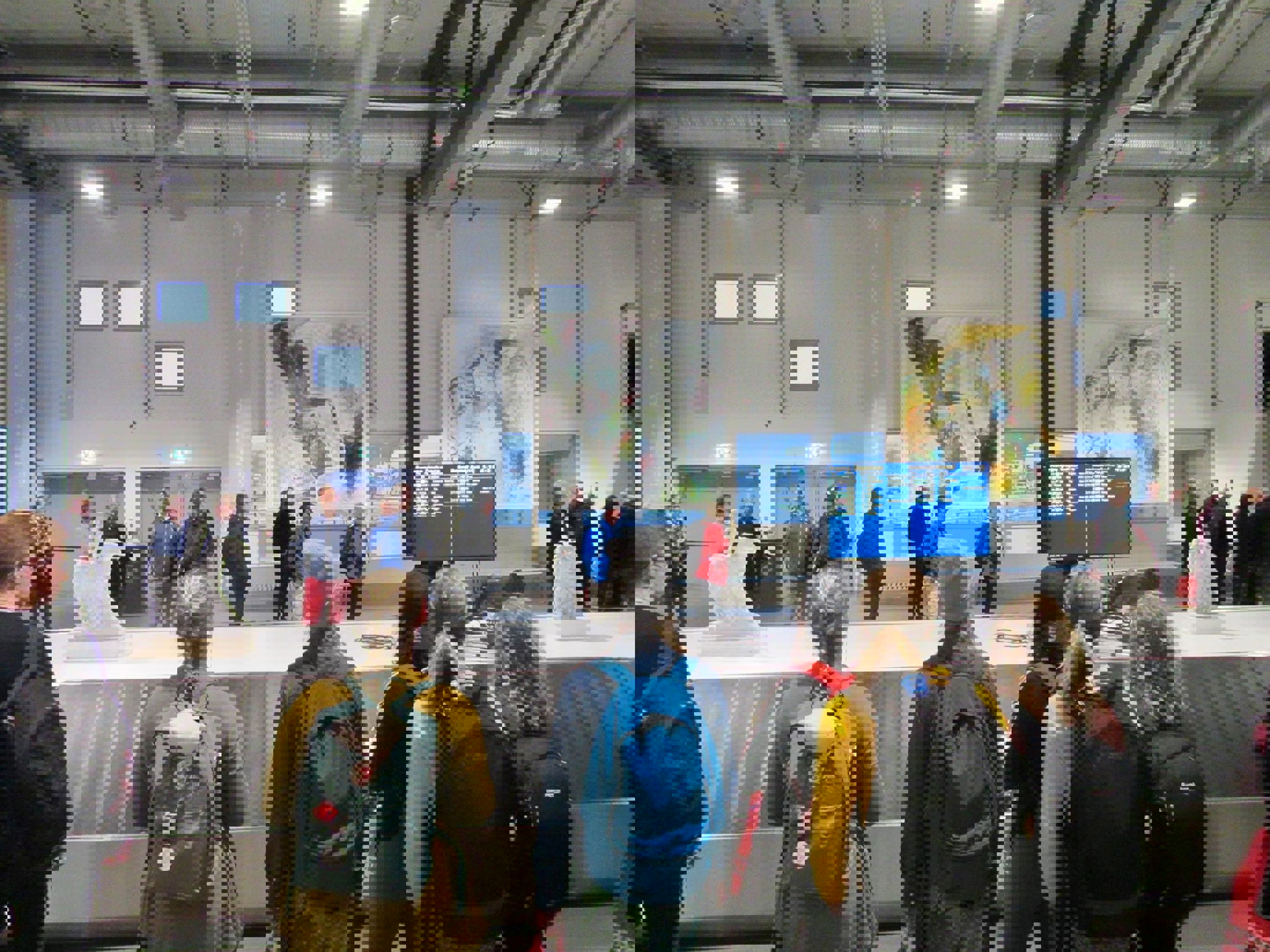 Passasjerer venter ved bagasjebåndet på en flyplass, med kunstverk på veggene i bakgrunnen