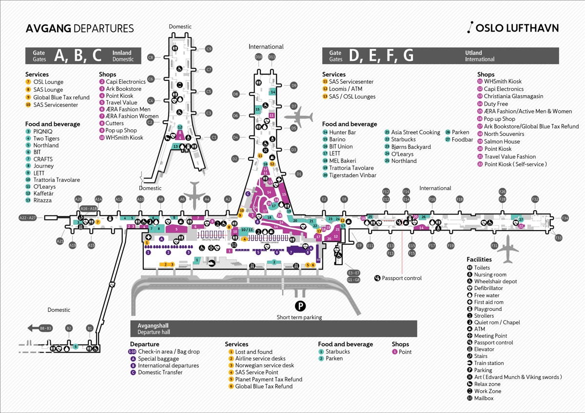 Oslo lufthavn avgangsterminal kart som viser gater A-G med tjenester, butikker som Capi Electronics og WHSmith Kiosk, matalternativer som Starbucks og Asia Street Cooking, og fasiliteter inkludert toaletter, minibank og ammerom
