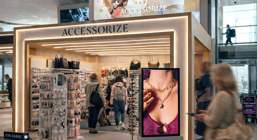 Fasadebilde av Accoessorize med produkter og en stor skjerm i front. 