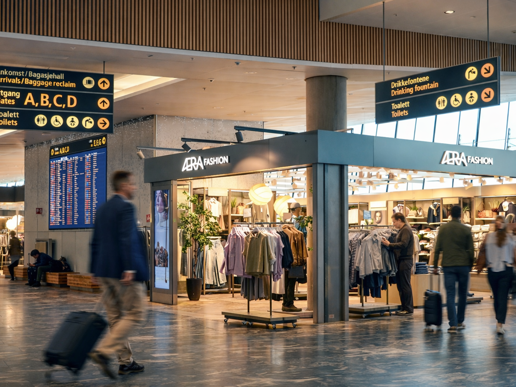 Skjortebutikk interiør med organiserte hyller fylt med kvite, blå, rosa og svarte skjorter. Vesker og slips er også visst. Eton-logo øvst