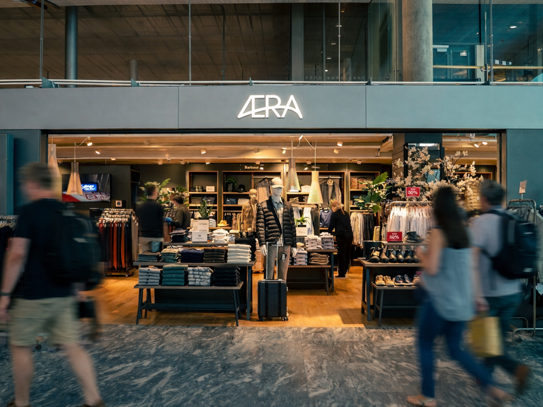 The interior of the men's clothing store with neatly stacked shirts, jackets on a rack, and a mannequin dressed in a beige blazer, showcasing a stylish and organized store display.