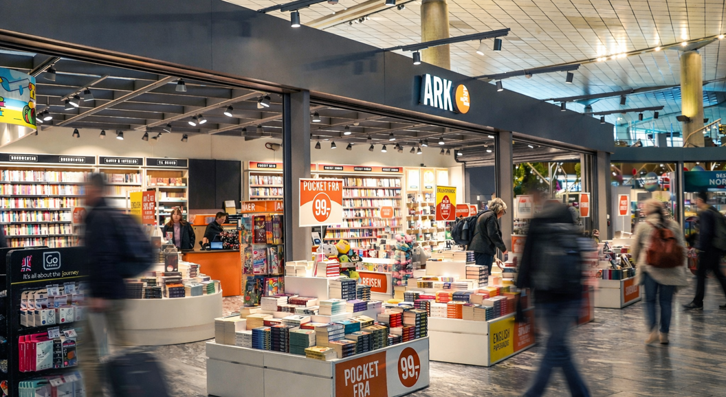 A woman browsing colorful children's books on a green shelf in a bookstore