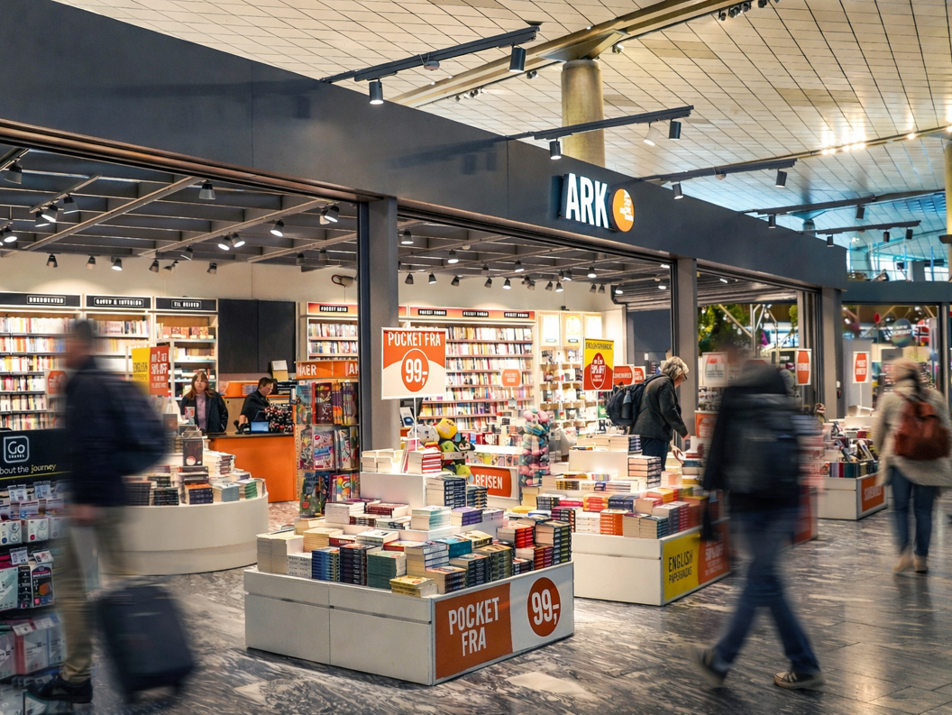 A woman browsing colorful children's books on a green shelf in a bookstore