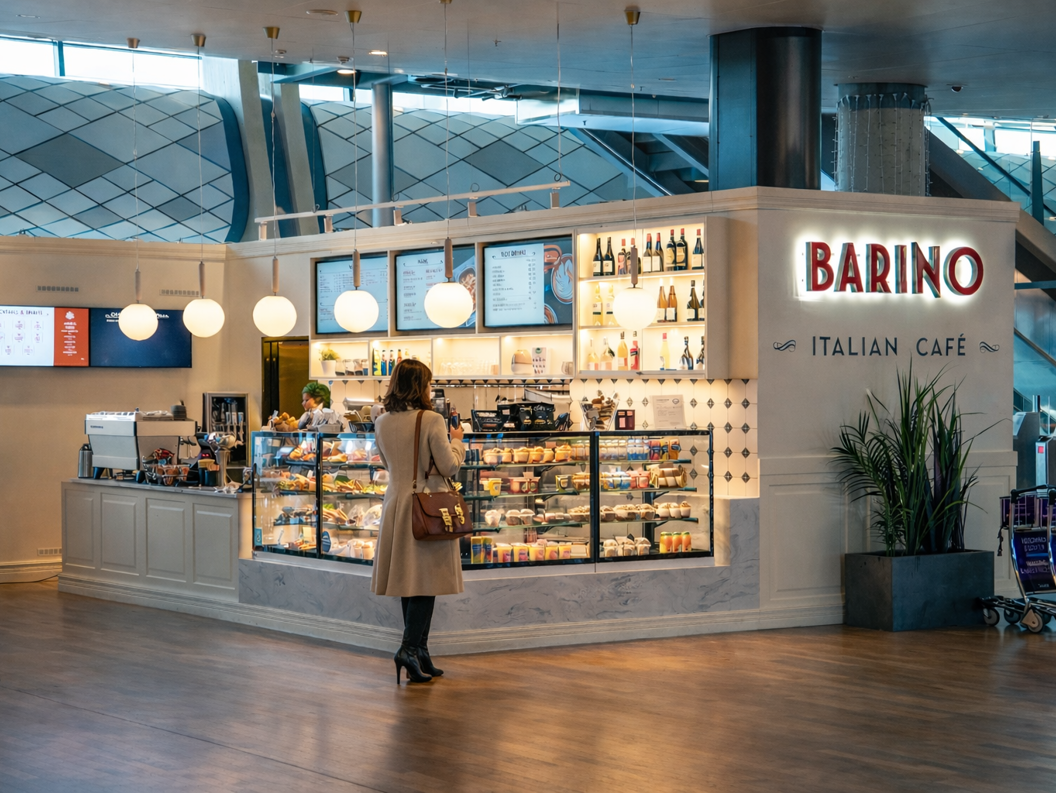 Café Barino i moderne interiør med runde lamper, veggdekorasjoner og folk som sitter ved bord