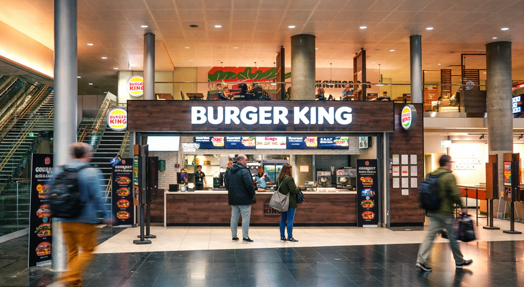 Saftig hamburger på sesamfrøbrød med salat, tomat, løk og sylteagurker, plassert på en treplate
