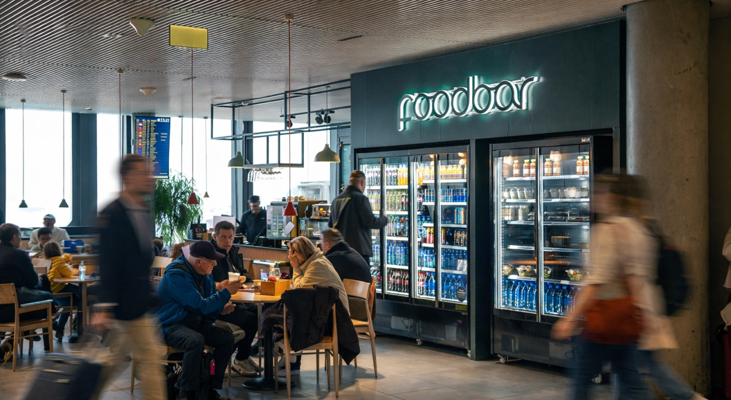 Frisk blandet salat med cherrytomater, krutonger og grønnsaker på et trefat, ledsaget av en liten dressingkopp, glass med vann og flaskevann i en godt opplyst spiseomgivelse