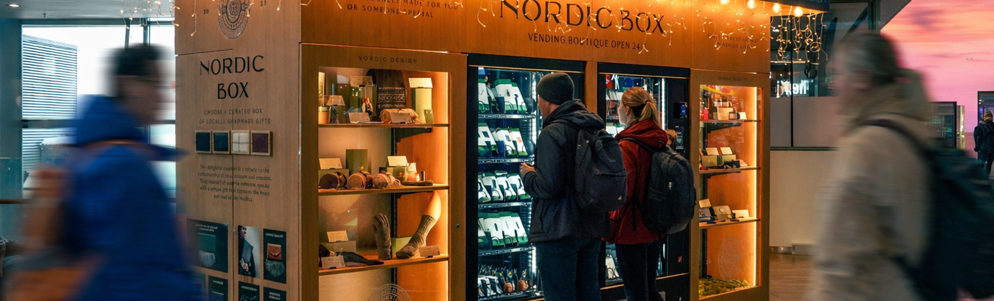 Nordic Box automatbutikk med opplyste hyller og automater som viser frem lokalt håndlagde gaver, plassert i en moderne innendørs setting