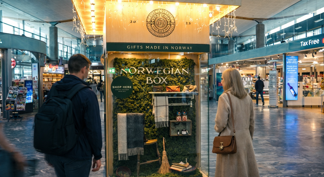 Automated vending machine kiosk labeled "Nordic Box," featuring locally made gifts, with shelves displaying artisanal products and illuminated signage promoting 24/7 access