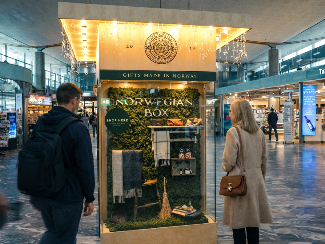 Automated vending machine kiosk labeled "Nordic Box," featuring locally made gifts, with shelves displaying artisanal products and illuminated signage promoting 24/7 access