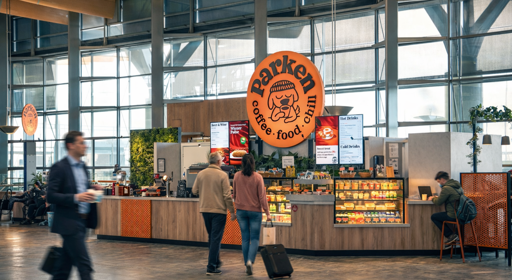 Moderne flyplasskafé med store glassvinduer, med oransje skilt og rikelig med sitteplasser, tilbyr et utvalg av mat og drikke