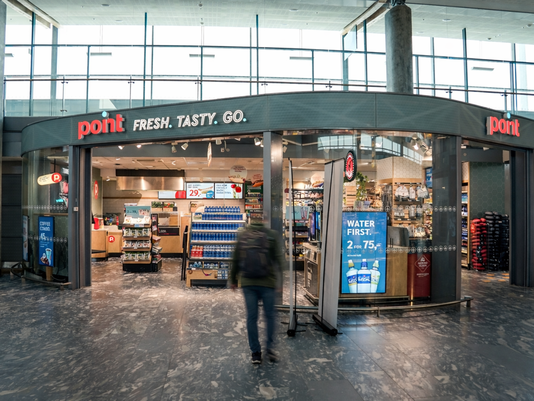 Skilt med teksten "Point Fresh Tasty Go" på ein kiosk i moderne design, inne i ein bygning