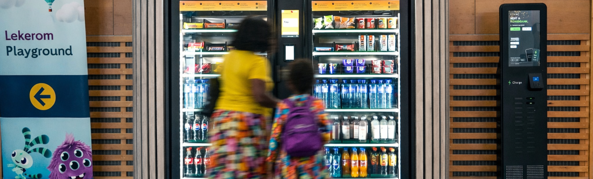 Automat fylt med assorterte snacks og sjokoladebarer, inkludert populære merker, med opplyst valgpanel
