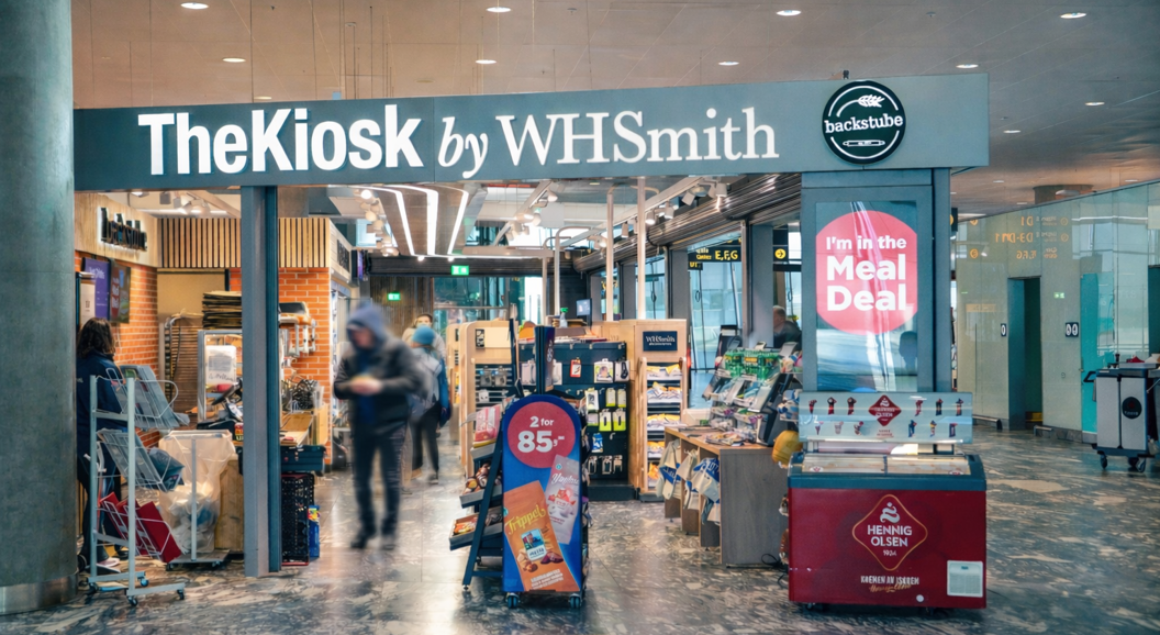 Moderne WHSmith-kiosk på en flyplass som tilbyr bekvemmelighetsartikler, snacks og drikkevarer under levende belysning