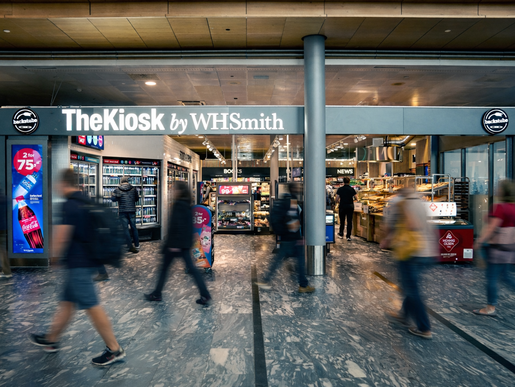 Moderne WHSmith-kiosk på en flyplass som tilbyr dagligvarer, snacks og drikkevarer under livlig belysning