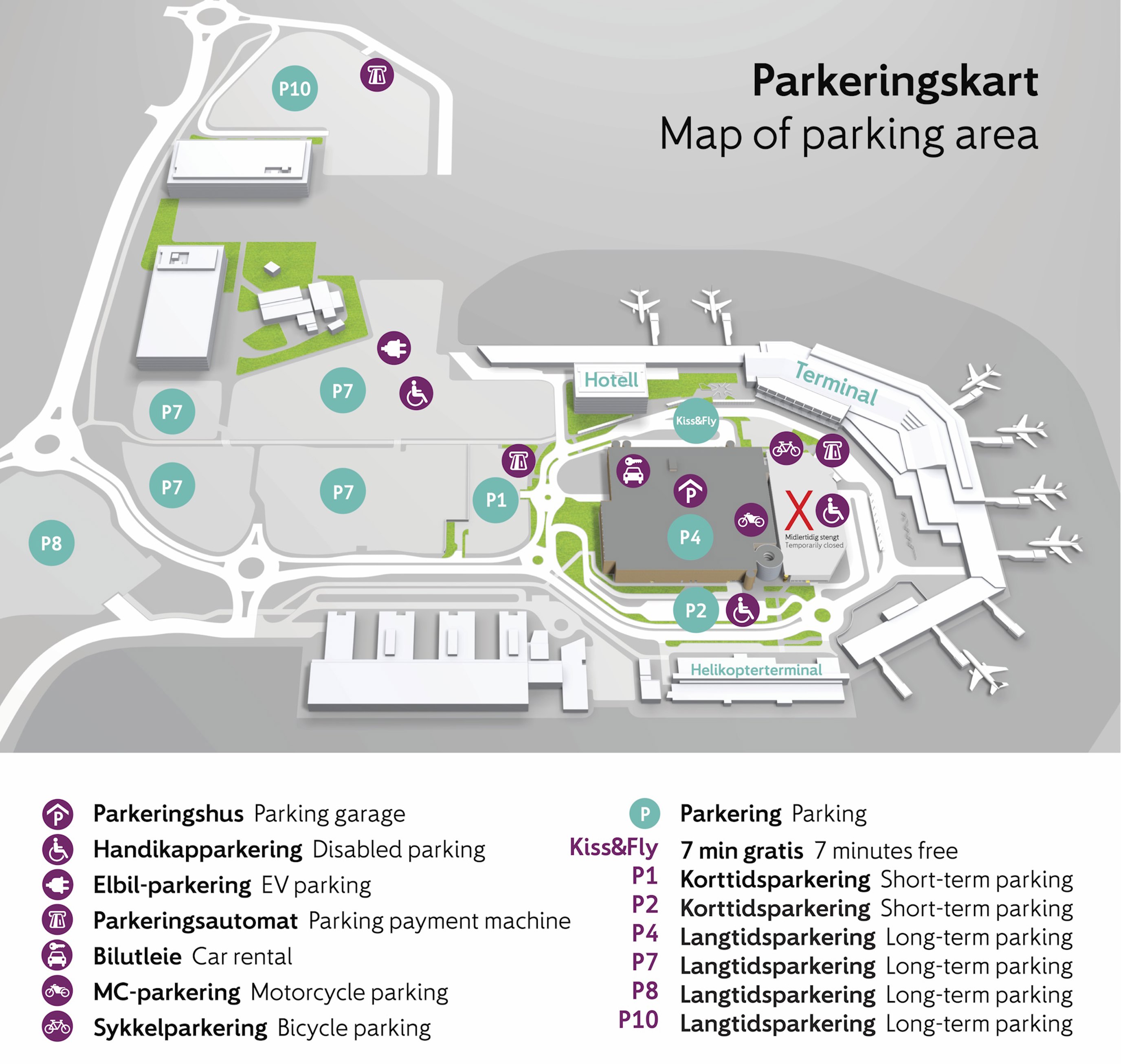 Parkeringskart over flyplassområdet med ulike parkeringssoner markert. Inkluderer korttids- og langtidsparkering, handikapparkering, elbil-parkering, sykkelparkering, MC-parkering, bilutleie, parkeringsautomater og Kiss&Fly-område. Terminaler og hotell er også avmerket