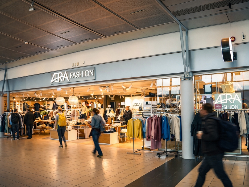 Motebutikkens inngang viser stilige mannequiner og tilbehør, med fremtredende "AERA Fashion" skilt over. Interiøret viser et utvalg av klær og smykker under varm belysning