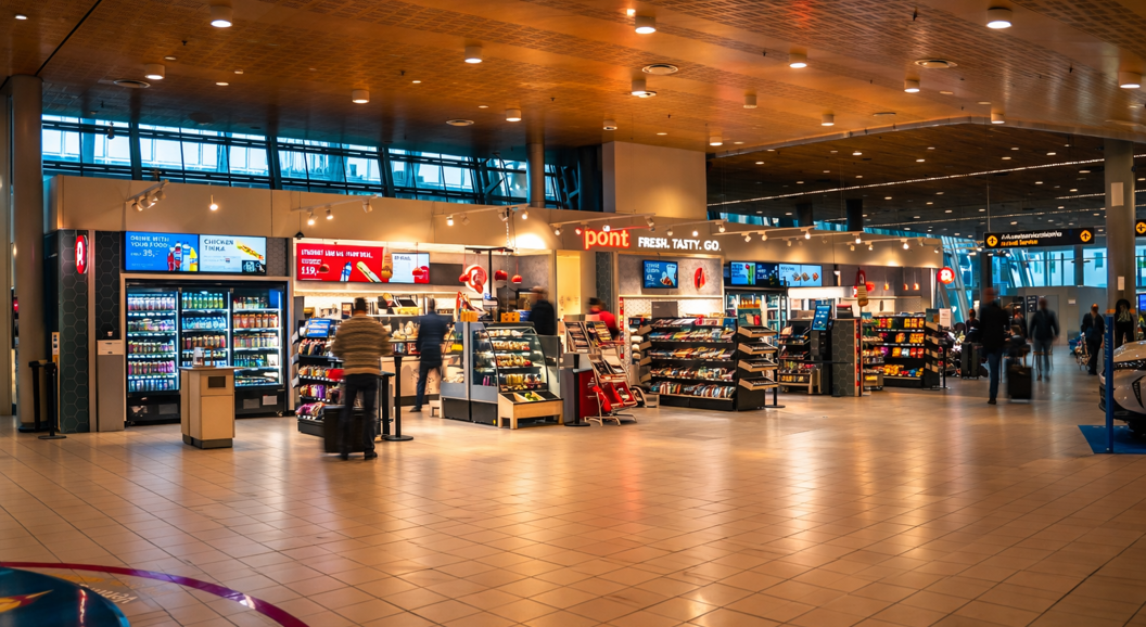 Godteriutstillingsstativ med ulike fargerike pakkede snacks i en butikkgang, med uskarpe magasinomslag synlige i bakgrunnen