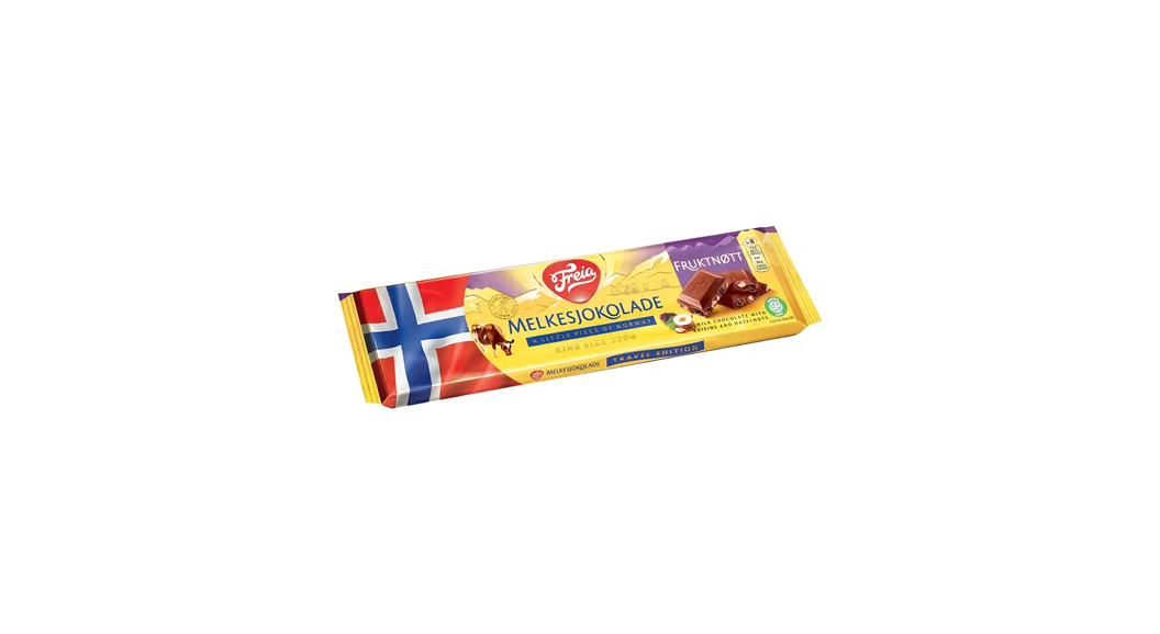 Freia melkesjokolade med melk og frukt og nøtter, norsk sjokoladeplate i innpakning