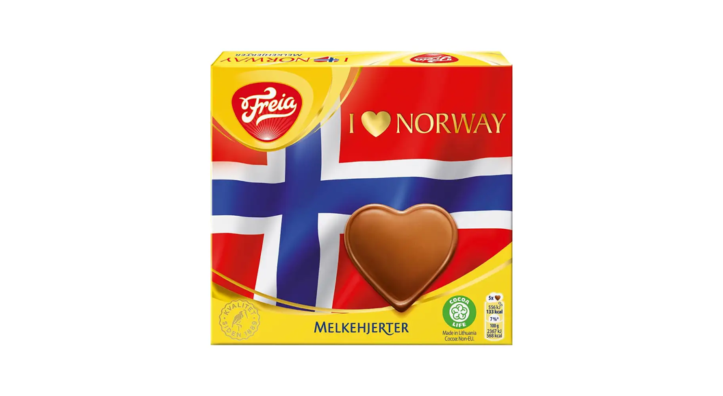 bilde av Freia sine Melkehjerter med teksten I Love Norway