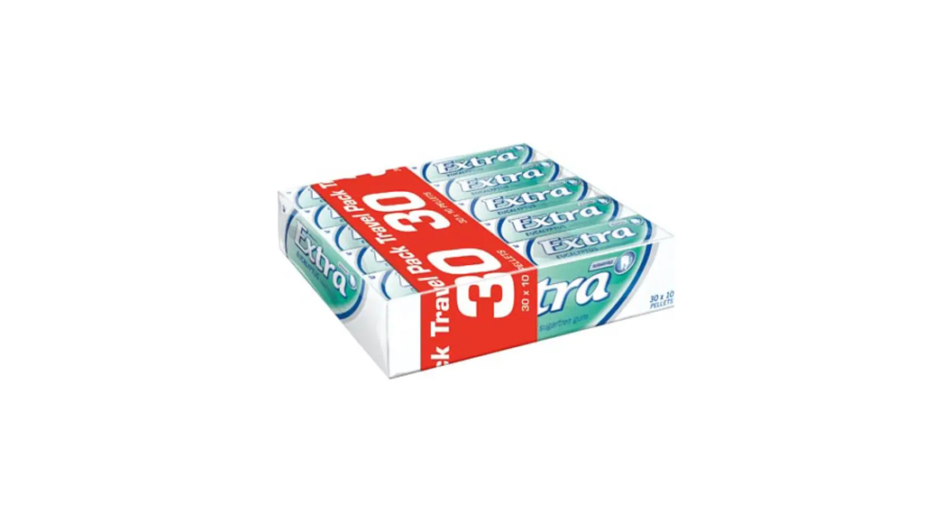 Extra Travel Pack tyggegummi, 30-pakning med mintsmak, i forpakning av 30 pakker med 10 drager hver