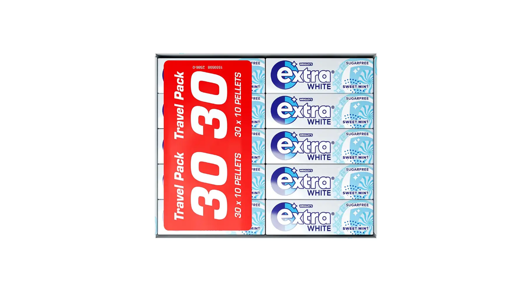 Extra White Sugarfree Sweet Mint tyggegummi travel pack med 30 pakker x 10 pellets på hvit bakgrunn